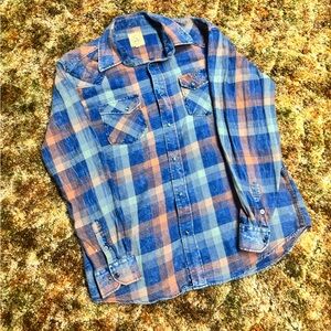 Casual Blue and Orange Plaid Men's Shirt